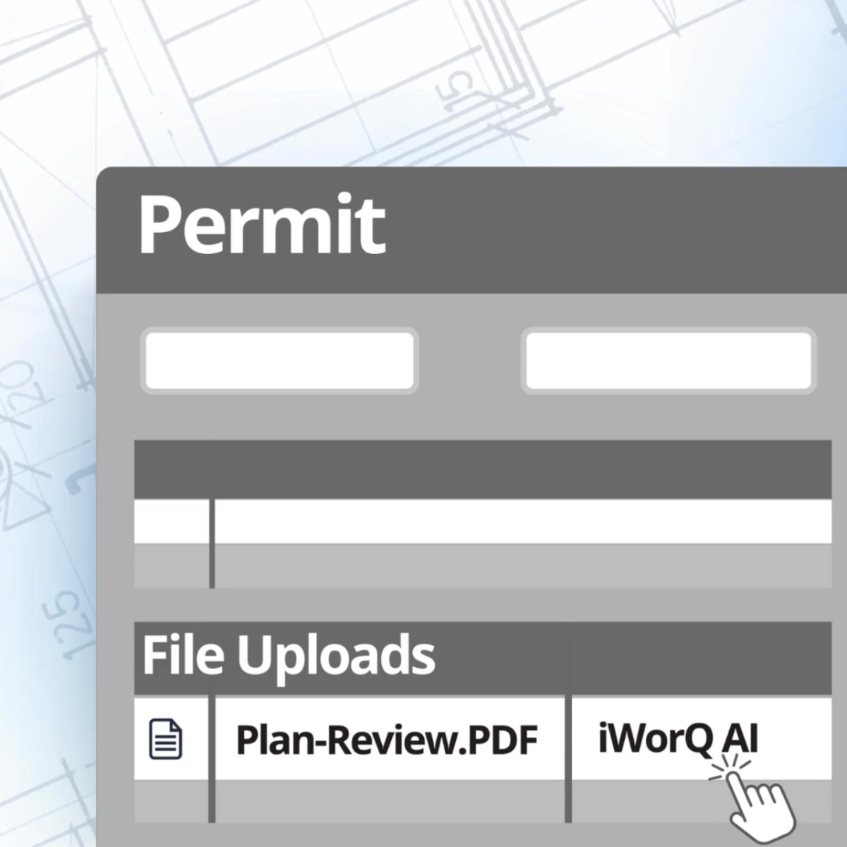 iWorQ Permit Software, Showing Uploaded Files Window with the new iWorQ AI option next to the file name.