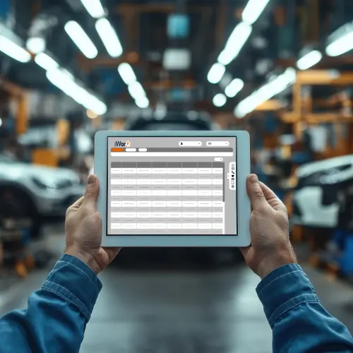 A worker holding an iPad with iWorQ's Fleet Management Software pulled up. Vehicles are being repaired in the background.