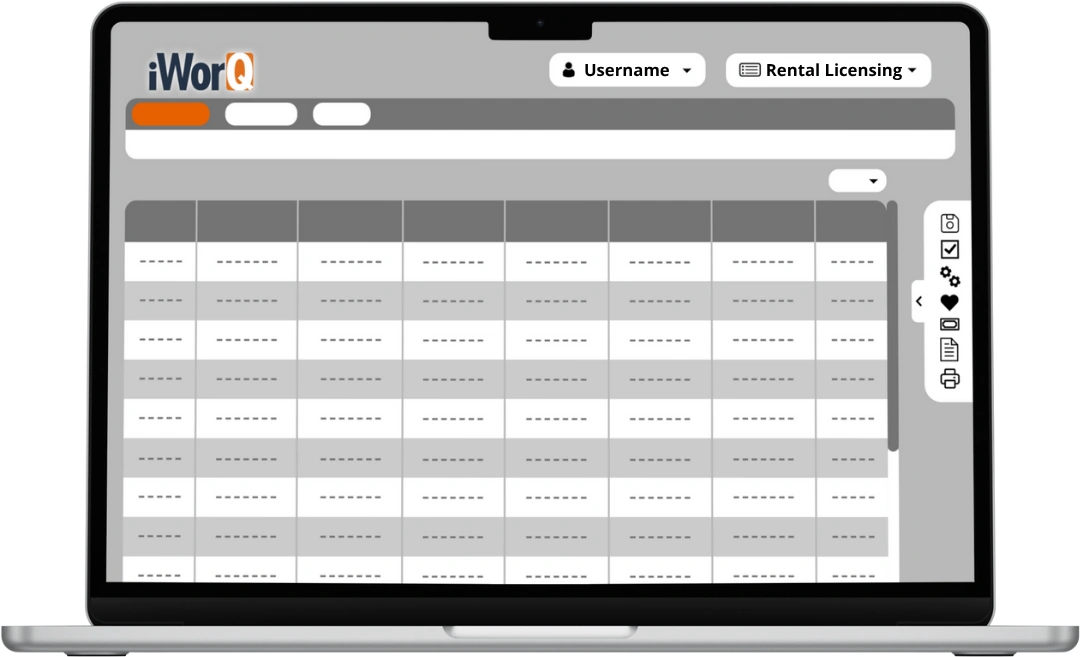 A laptop displaying a mockup of iWorQ's Rental Licensing dashboard.