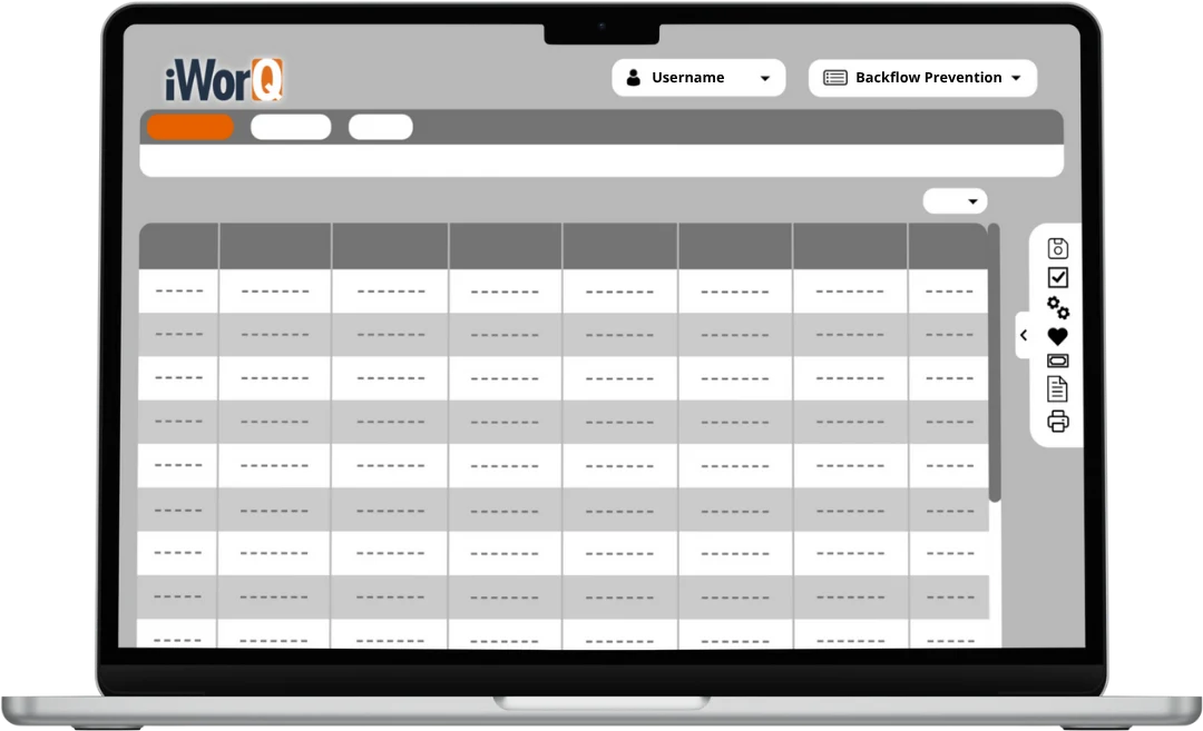 A laptop displaying a mockup of iWorQ's Backflow Prevention dashboard.