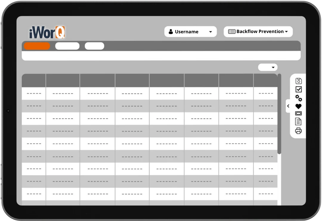 An iPad displaying a mockup of iWorQ's Backflow Prevention dashboard.