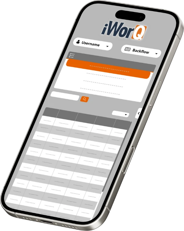 A mobile phone displaying a mockup of iWorQ's Backflow Prevention dashboard.