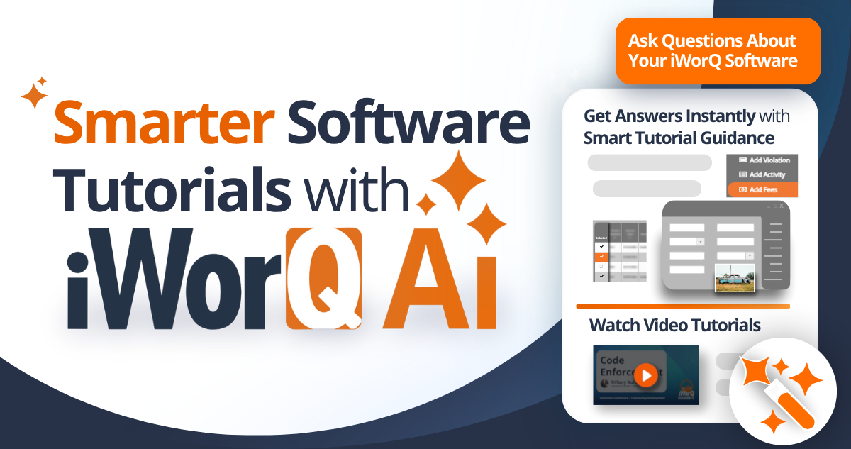 Chat message showing tutorials. Large text displays "Smarter Software Tutorials with iWorQ AI"