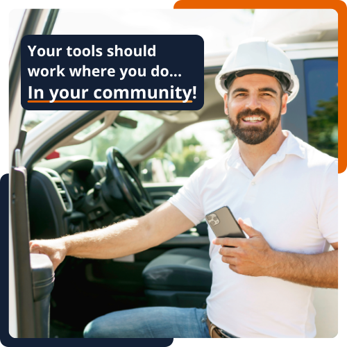 A code enforcement officer getting out of his truck holding a phone representing iWorQ's mobile capabilities. Caption reads, "Your tools should work where you do... in your community!"