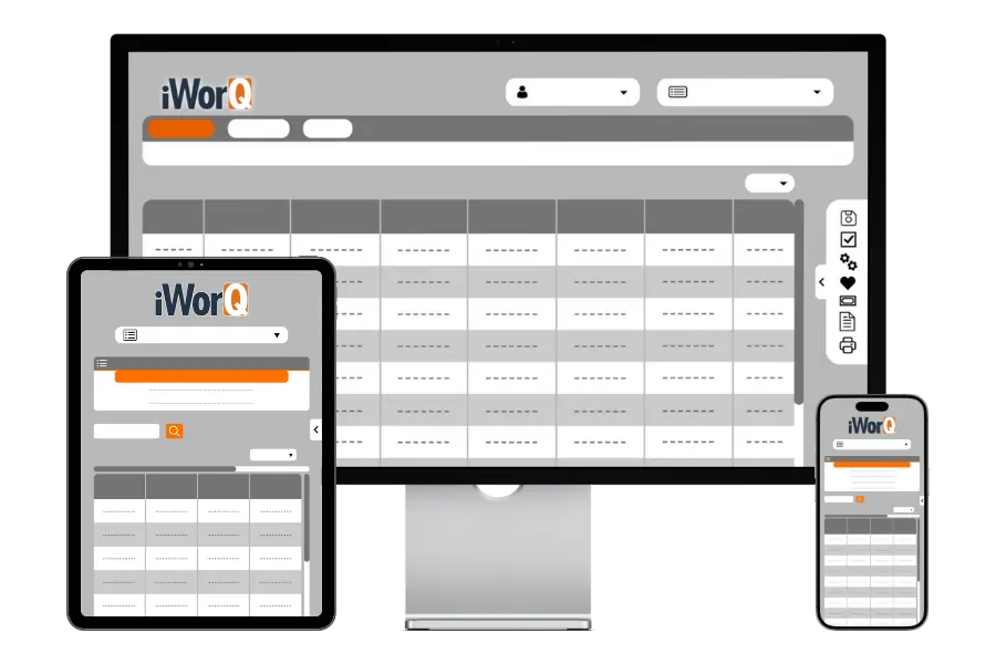 iWorQ Software shown on a desktop computer, tablet, and mobile phone.